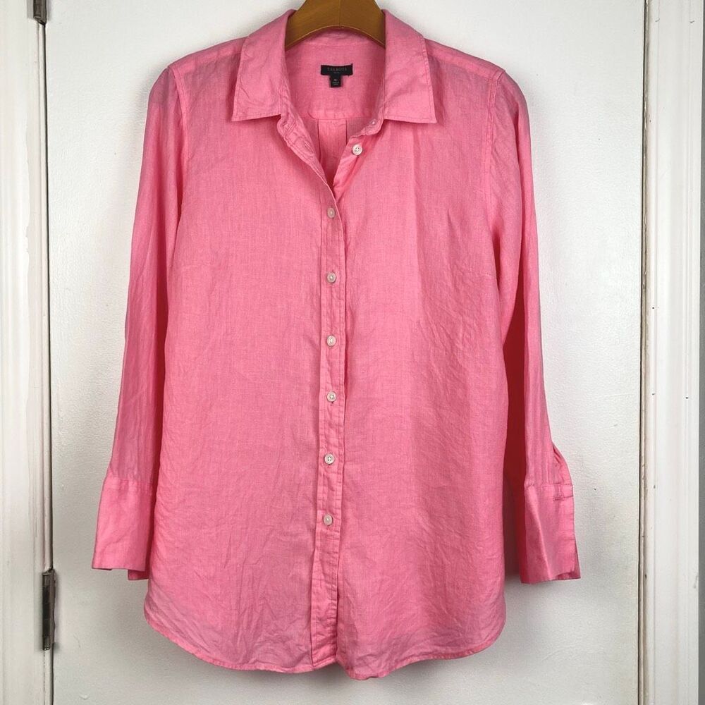Talbots Petite MP 100%‎ Linen Pink Long Sleeve Button Down Boyfriend Shirt Tunic